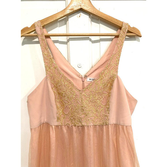 BCBGeneration Faded Rose Color lace top Tulle base maxi dress women's size 12 - Picture 2 of 8